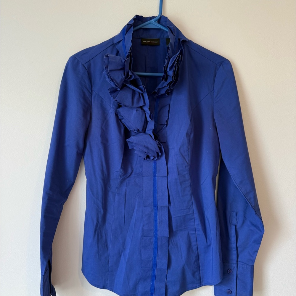 New York & Company Blue Ruffled Long Sleeve Button Down